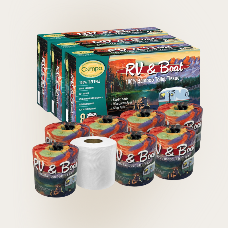 Compo RV and boat 100% bamboo toilet tissue. 100% free free. Septic safe, dissolves fast, clog free. Three boxes of eight rolls. 24 rolls total.