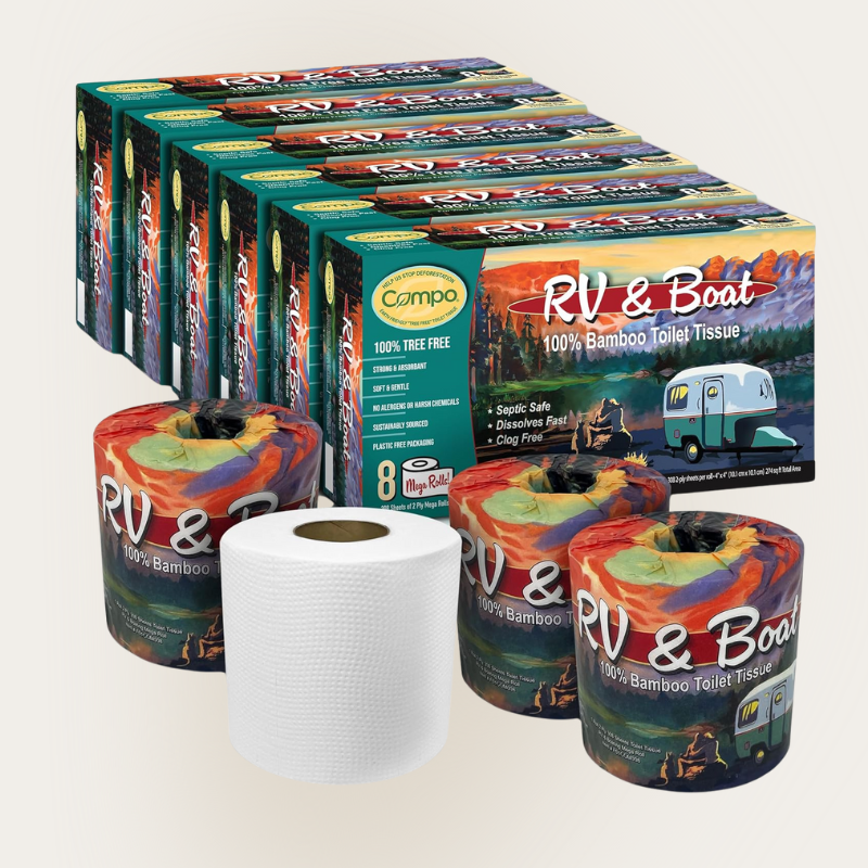 Compo RV and boat 100% bamboo toilet tissue. 100% free free. Septic safe, dissolves fast, clog free. Six boxes of eight rolls. 48 rolls total.