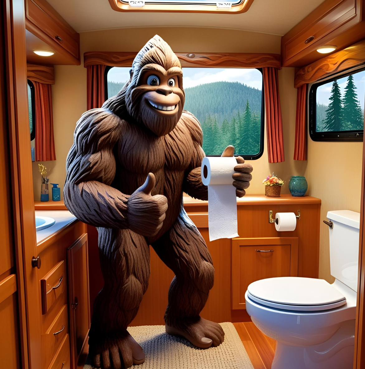 sasquatch in rv bathroom holding a roll of toilet paper