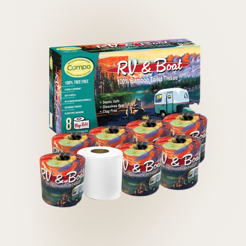 Compo RV and boat 100% bamboo toilet tissue. 100% free free. Septic safe, dissolves fast, clog free. One box of eight rolls.