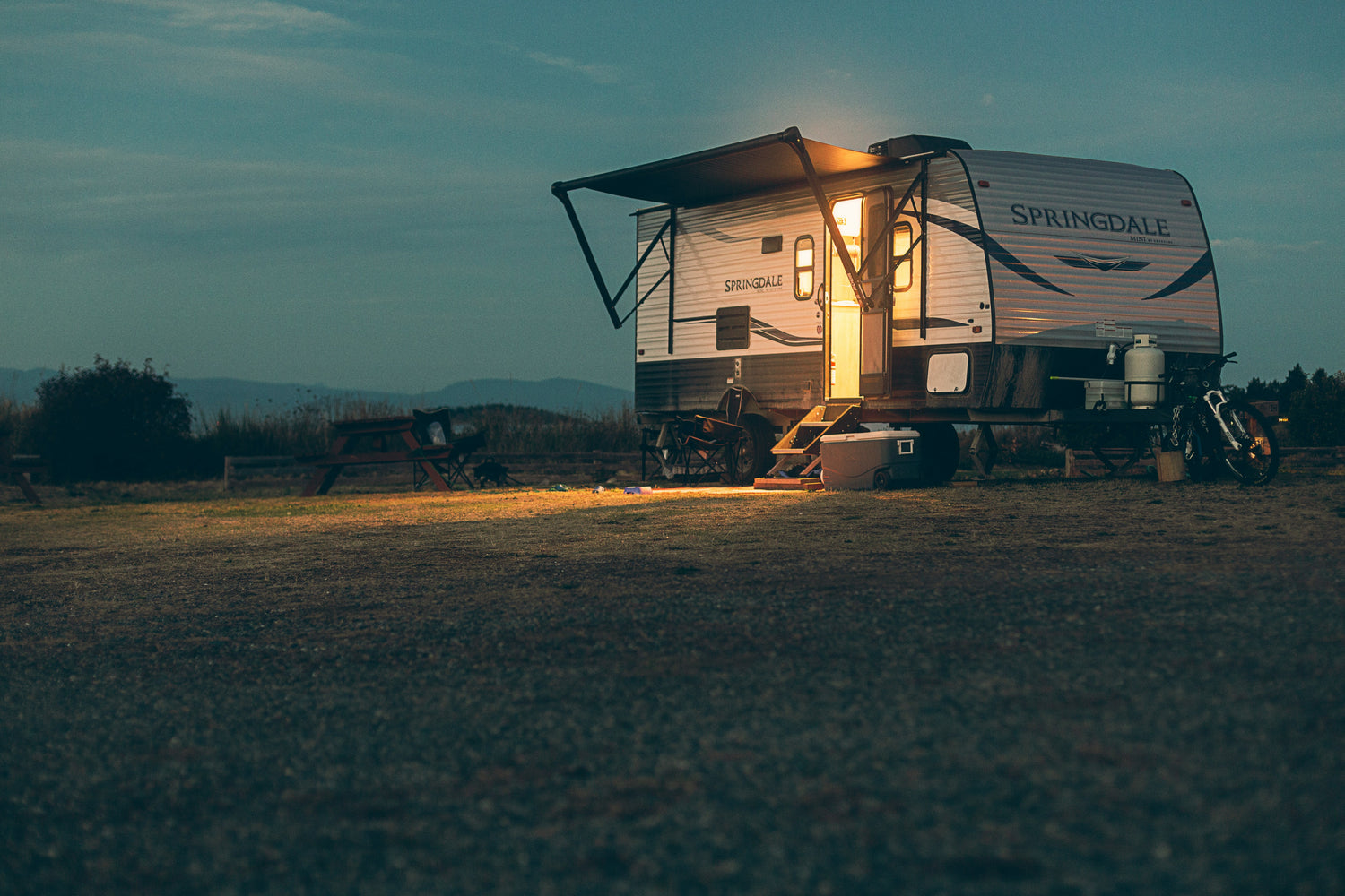 rv camper with light on outside