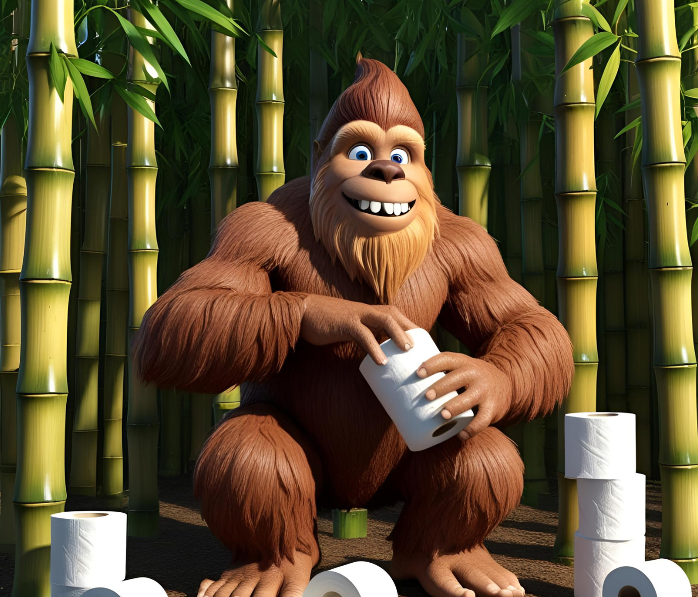 sasquatch in a bamboo forest squatting with toilet paper