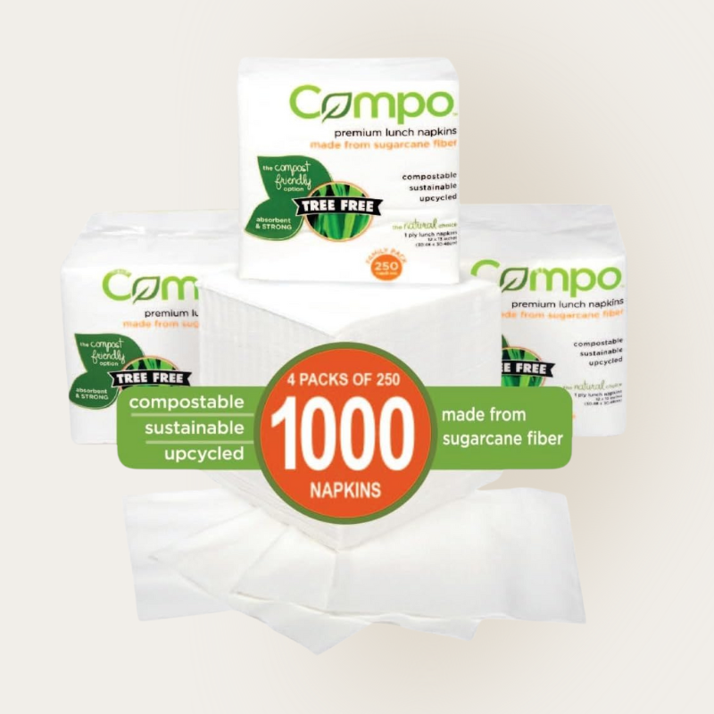 Four packs of 250 Compo brand compostable lunch napkins packaging on a beige background. 1000 total napkins. Compostable, sustainable, upcycled. Made from sugarcane fiber.