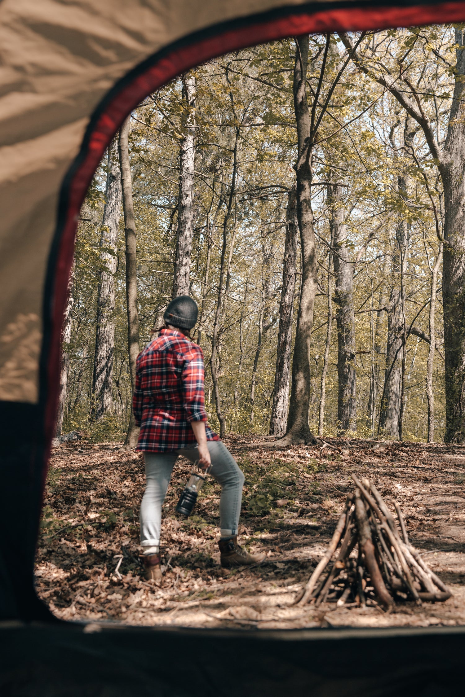 Camper in the woods looking at the trees