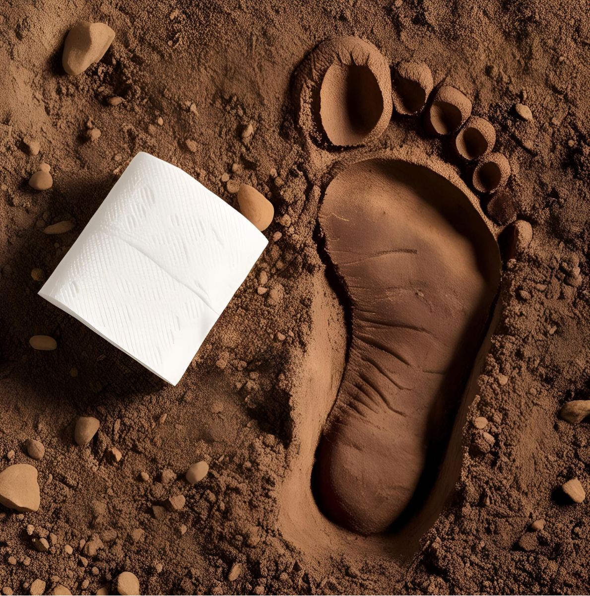 big foot footprint in dirt next to a roll of toilet paper